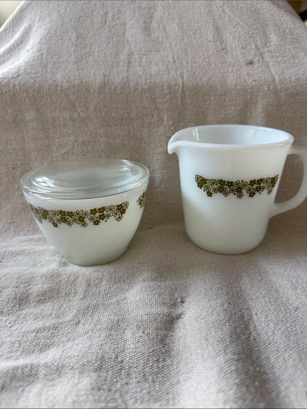 Vintage Milk Glass Creamer and Covered Sugar Bowl - Olive Floral